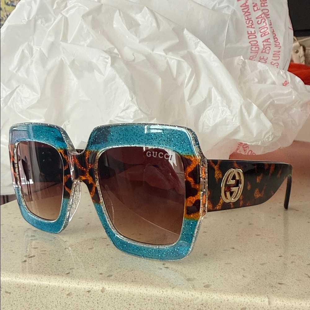 Gucci Women's Teal Glitter & Tortoiseshell Square Sunglasses